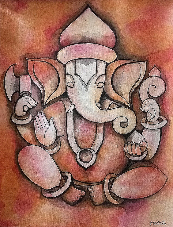 Ganesha (ART_3512_23087) - Handpainted Art Painting - 14in X 20in