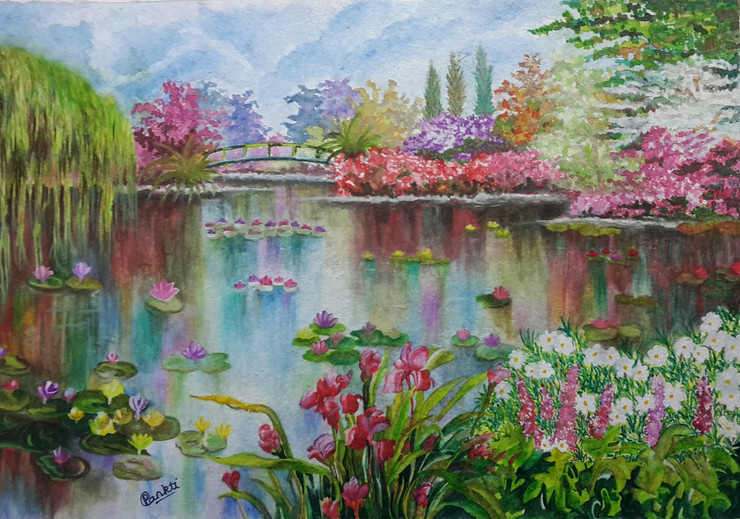 Pond with water lilies in the park (ART_2525_24563) - Handpainted Art Painting - 19in X 15in (Framed)