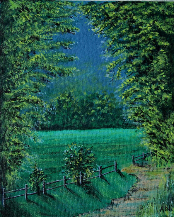Lawn with fence (ART_3770_24609) - Handpainted Art Painting - 12in X 14in