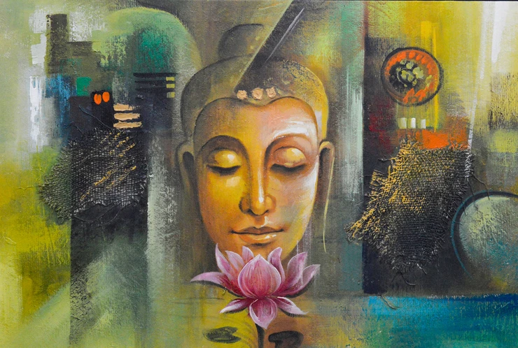 Buddha and Lotus (FR_1523_24156) - Handpainted Art Painting - 36in X 24in