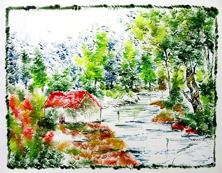 Scenery Art 08 - 13in X 11in,ART_KAPL40_1311,Mixed Media,Fingerprint work,Houses,Tents,Landscape,Nature,Tree,Waterfalls,Artist Kankana Pal - Buy Paintings Online in India.