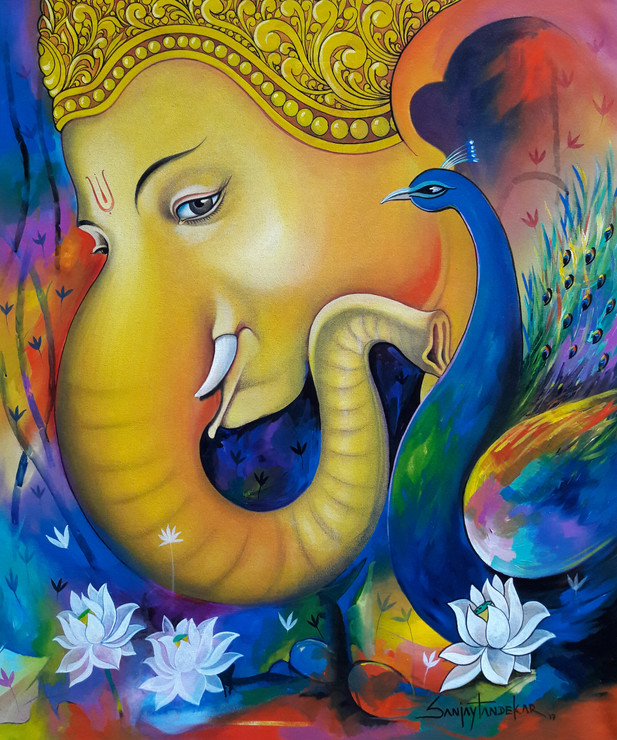 Lord Ganesha (ART_3298_21890) - Handpainted Art Painting - 30in X 36in