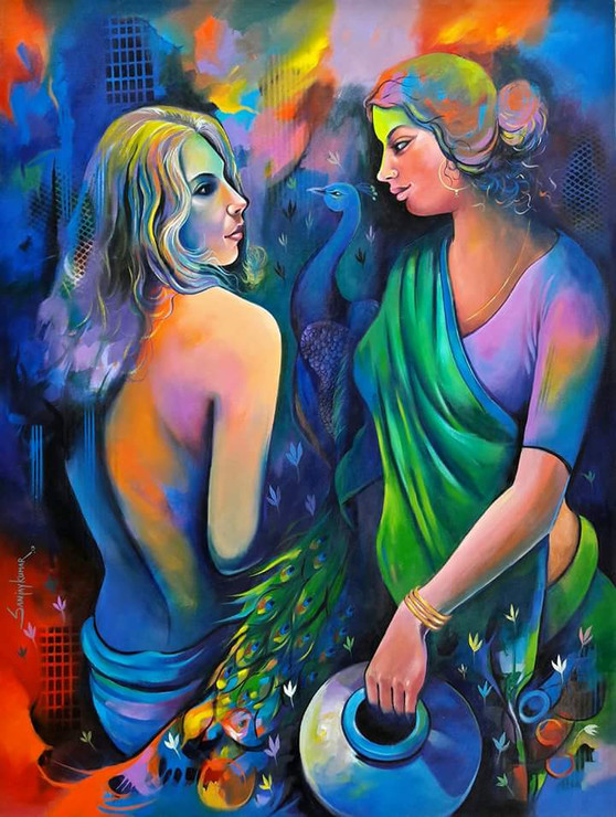 Gossip 2 (ART_3298_21854) - Handpainted Art Painting - 36in X 48in