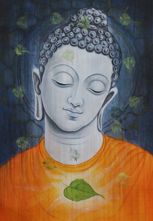 Buddha with leaf (ART_1522_17409) - Handpainted Art Painting - 24in X 36in