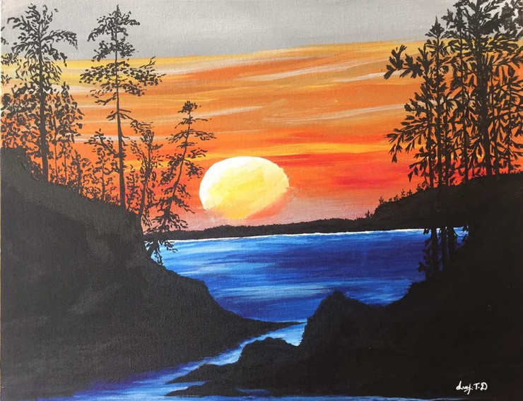 Sunset view between mountatins (ART_3873_24824) - Handpainted Art Painting - 20in X 16in
