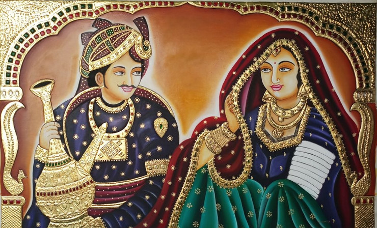 Rajasthani couple (ART_2830_24773) - Handpainted Art Painting - 52in X 36in (Framed)