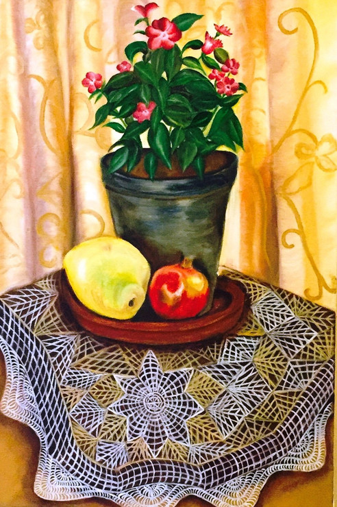 Flower Pot & Fruits on a Table (ART_4028_25188) - Handpainted Art Painting - 14in X 22in