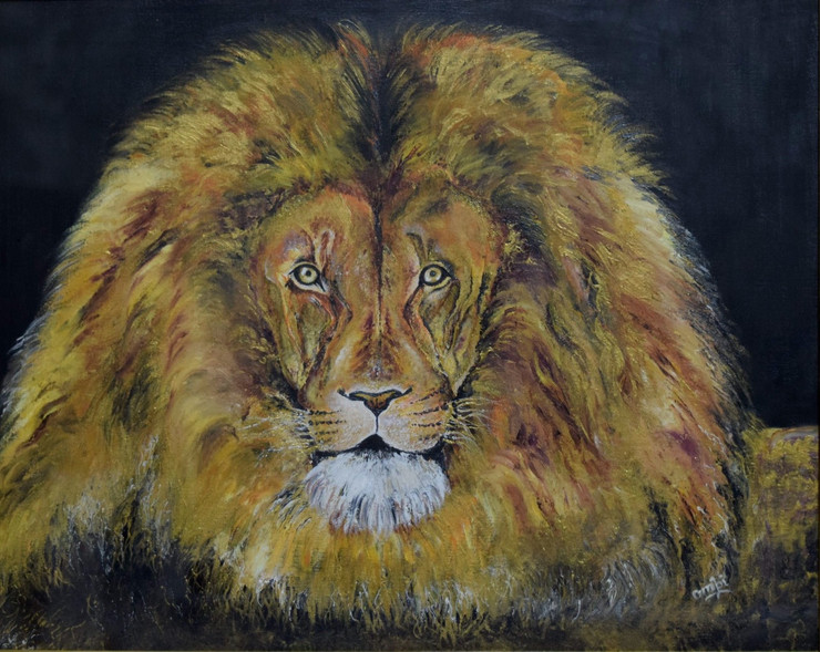 King of Beasts- The Lion (ART_4059_25954) - Handpainted Art Painting - 32in X 26in (Framed)