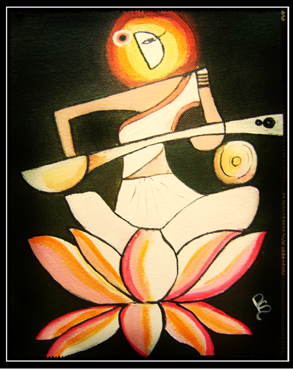 Saraswati Devi - 10in X 12in (Border Framed),ART_RIAA06_1012,Acrylic Colors,Devi,Artist RAJNI AYAPILLA ,Goddess Saraswati,Education,Museum Quality - 100% Handpainted
