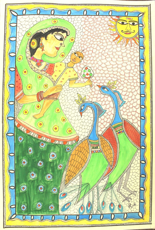 Mother child in Madhubani style (ART_4246_26056) - Handpainted Art Painting - 14in X 21in