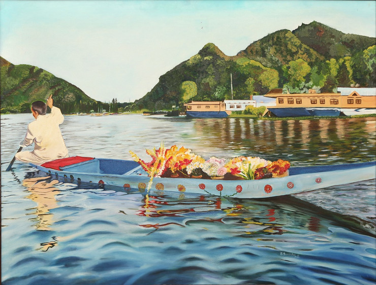 Serene waves in Kashmir lake. (ART_4065_26291) - Handpainted Art Painting - 48in X 36in