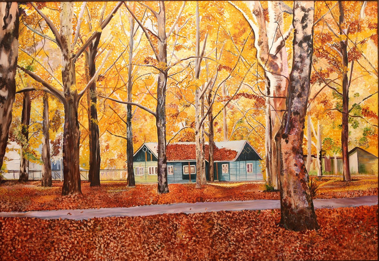 Autumn Vibrance in Kashmir (ART_4065_26285) - Handpainted Art Painting - 72in X 48in