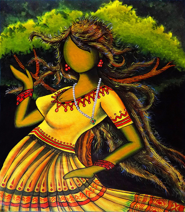 THE DANCING MANGO GIRL (ART_4294_26446) - Handpainted Art Painting - 27in X 31in