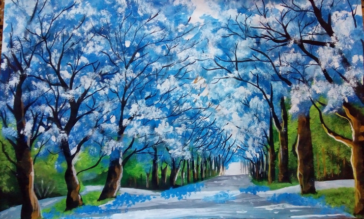 Blue trees nature (ART_3335_26599) - Handpainted Art Painting - 22in X 14in