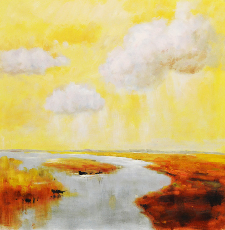 Sunset at river (FR_1523_23799) - Handpainted Art Painting - 32in X 32in