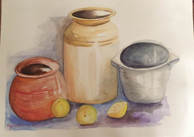 Pickle Jars (ART_4376_26771) - Handpainted Art Painting - 16in X 12in
