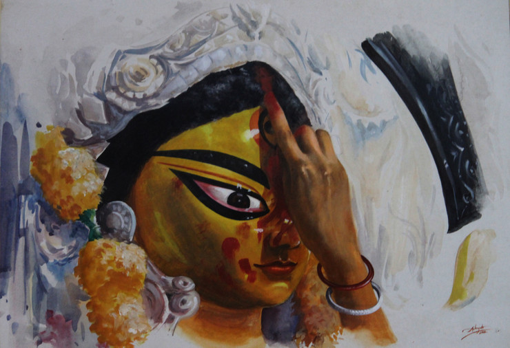 Maa Durga (ART_4047_26851) - Handpainted Art Painting - 36in X 24in