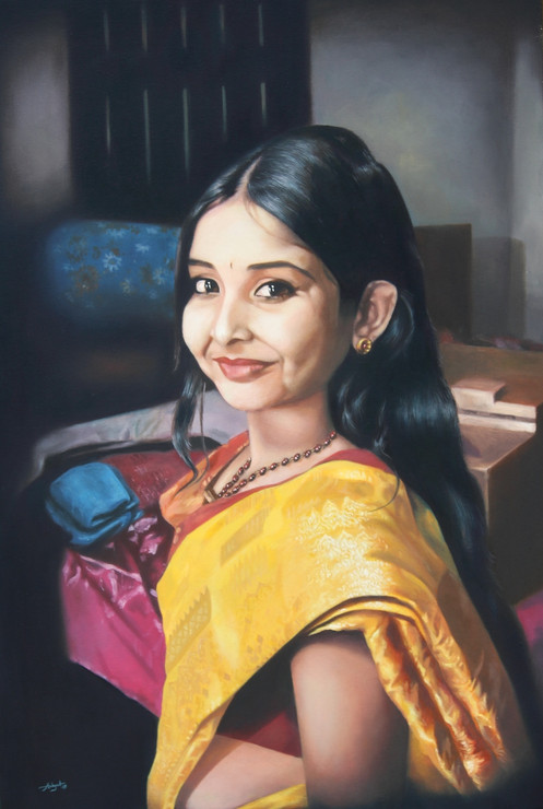 Smiling girl child (ART_4047_25240) - Handpainted Art Painting - 24in X 36in