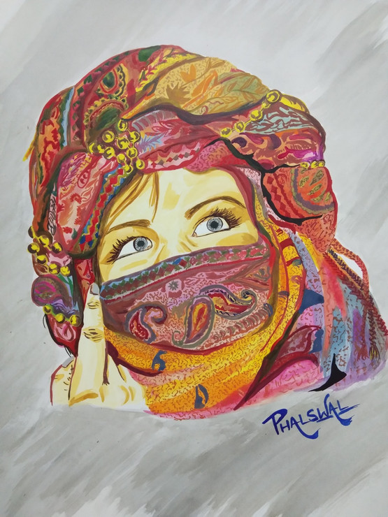 Girl behind a scarf (ART_4493_27347) - Handpainted Art Painting - 18in X 12in