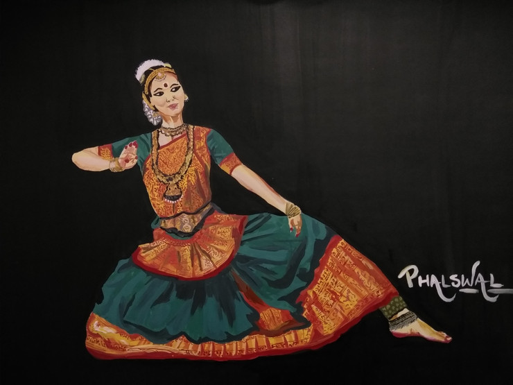 Bharatnatyam style (ART_4493_27346) - Handpainted Art Painting - 18in X 12in