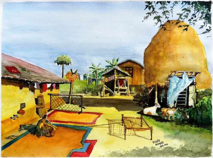 Indian Village Scene (ART_4505_27303) - Handpainted Art Painting - 15in X 11in