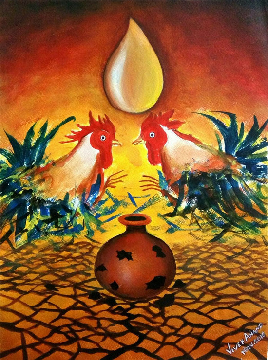 No more Fights for water (ART_4505_27444) - Handpainted Art Painting - 15in X 11in