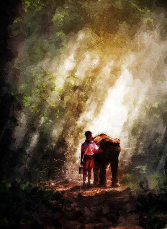 School Boy With Baby Elephant (PRT_392) - Canvas Art Print - 21in X 29in