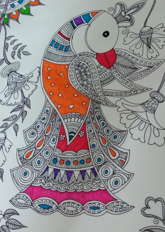 Peacock Madhubani Painting (ART_4538_27506) - Handpainted Art Painting - 16in X 21in