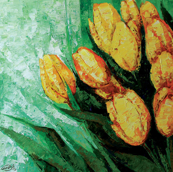 Dancing With Daffodil Flowers- Floral Art (ART_2571_20510) - Handpainted Art Painting - 18in X 18in