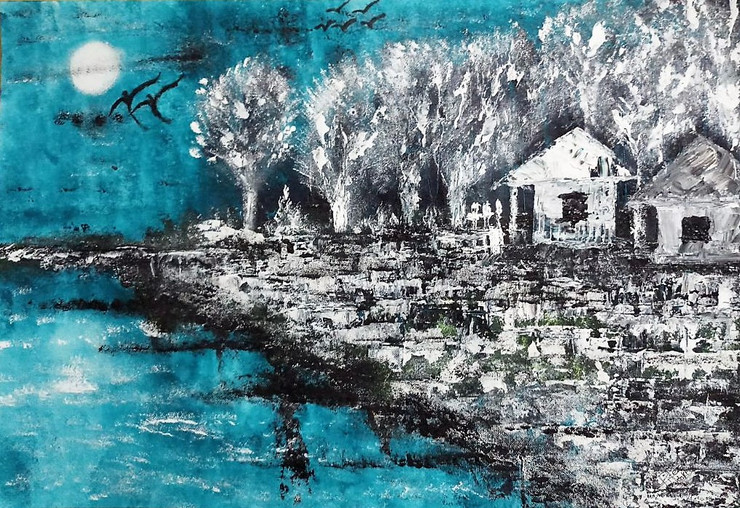 Blue moon forest and house (ART_4551_27737) - Handpainted Art Painting - 22in X 15in
