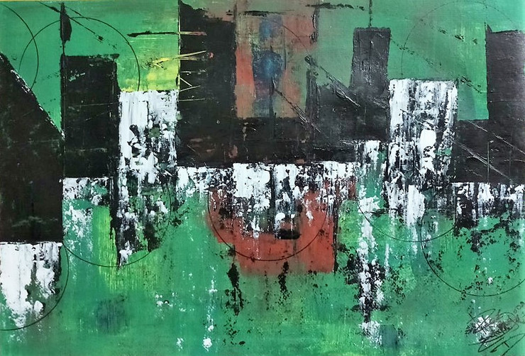 Green and city 1 (ART_4551_28005) - Handpainted Art Painting - 22in X 15in