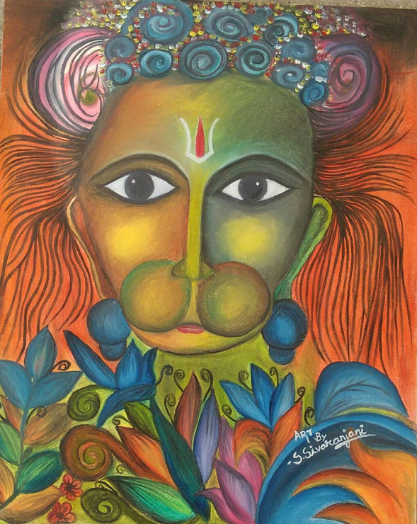 Mighty Hanuman (ART_4773_28442) - Handpainted Art Painting - 16in X 20in (Framed)