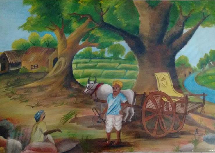 South Indian Village culture (ART_4773_28440) - Handpainted Art Painting - 31in X 21in (Framed)
