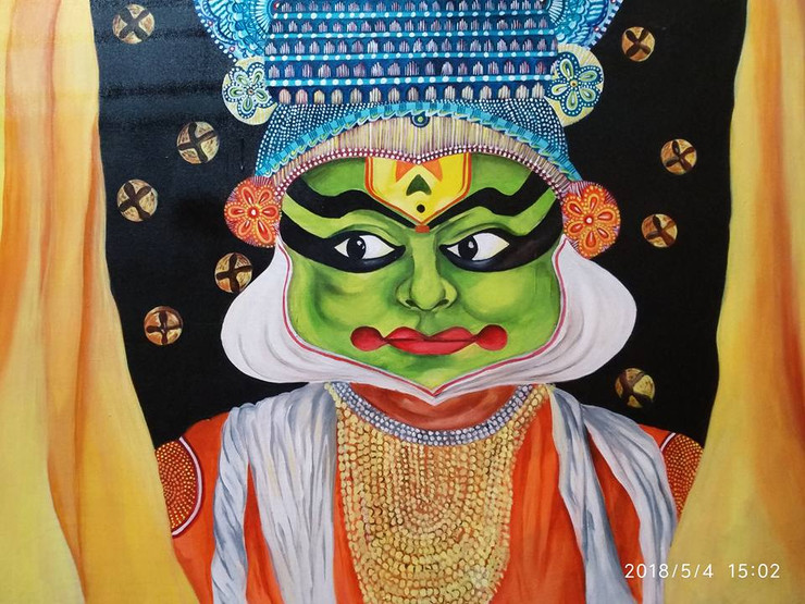 Kathakali (Behind the scenes) (ART_960_28348) - Handpainted Art Painting - 48in X 36in