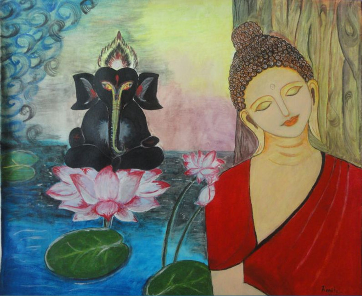 Lord Buddha with Ganesha (ART_4741_28324) - Handpainted Art Painting - 31in X 26in