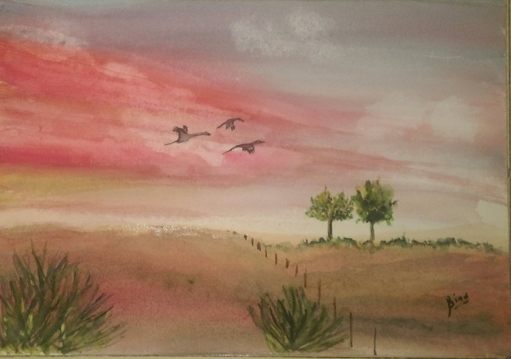 Sunset in a farm (ART_4789_28543) - Handpainted Art Painting - 10in X 7in