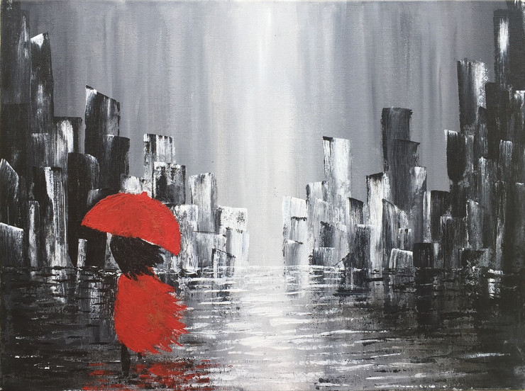 Walk in Rain (ART_3888_28248) - Handpainted Art Painting - 12in X 8in