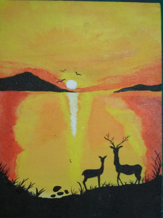 Sunset (ART_3966_28789) - Handpainted Art Painting - 12in X 16in (Framed)