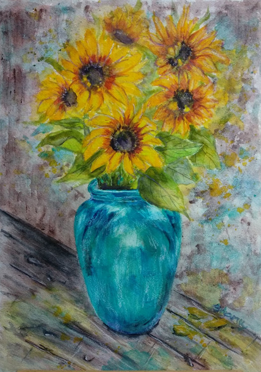 Sunflowers in blue vase (ART_3554_28850) - Handpainted Art Painting - 10in X 14in