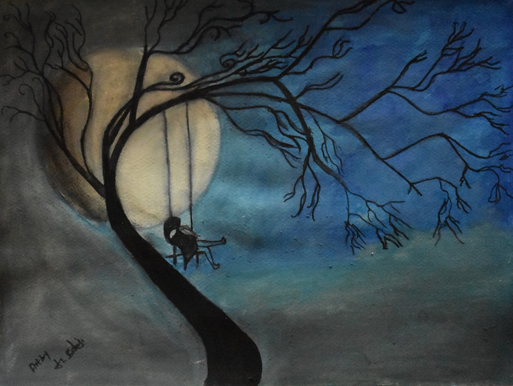 Girl alone with nature (ART_4292_28978) - Handpainted Art Painting - 18in X 14in