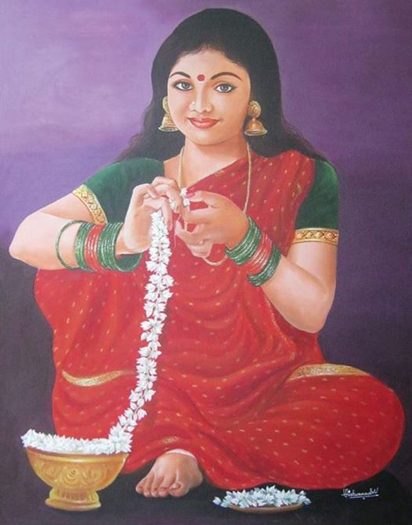 Simplicity - 36in X 48in ,ART_VH01_3648,Acrylic Colors, Lady Making garland,by Vishwanadh, Museum Quality - 100% Handpainted