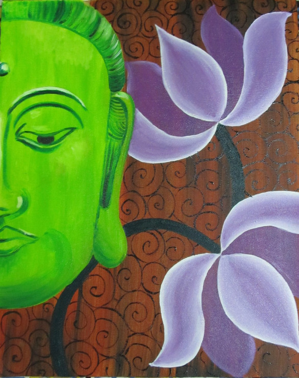 Green Buddha with Lotus - 16in X 20in,Canvas,Artist Shirin Shaikh,Lord Buddha,Peace,Meditation - Buy Paintings Online in India