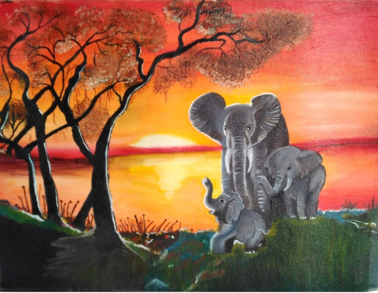 Lucky Elephant Family (ART_4622_27806) - Handpainted Art Painting - 16in X 12in