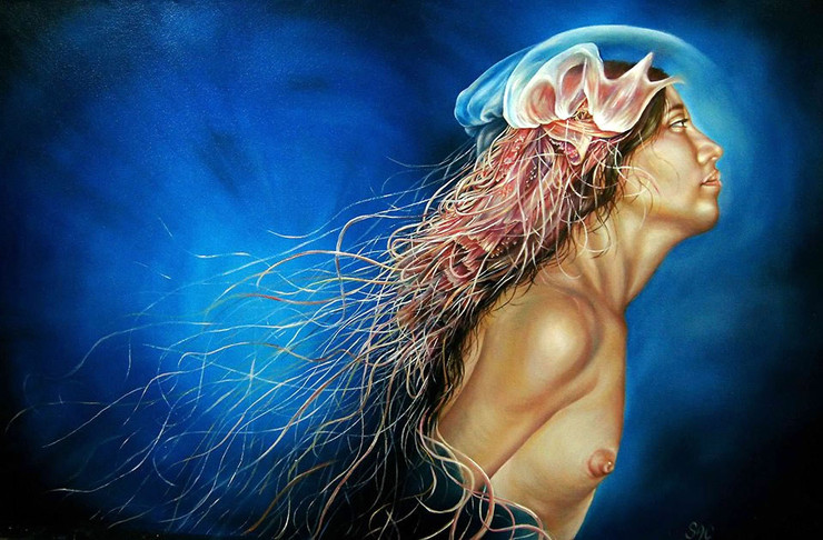 Dream With Jellyfish by Sergio Calderon (ART_4916_29379) - Handpainted Art Painting - 28in X 16in