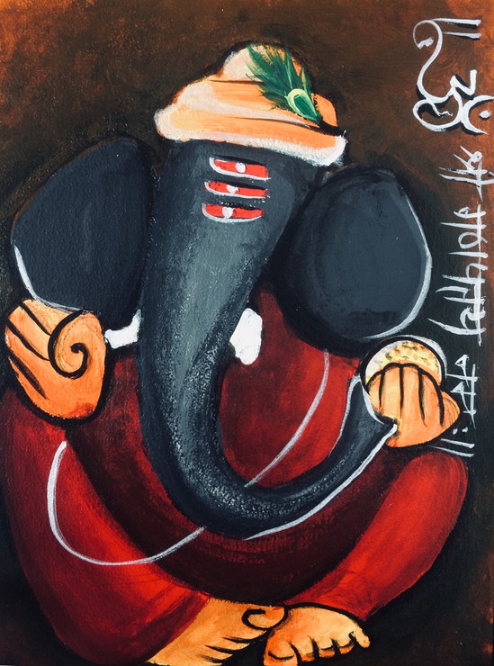 Lord Ganesha (ART_5009_29305) - Handpainted Art Painting - 21in X 27in (Framed)