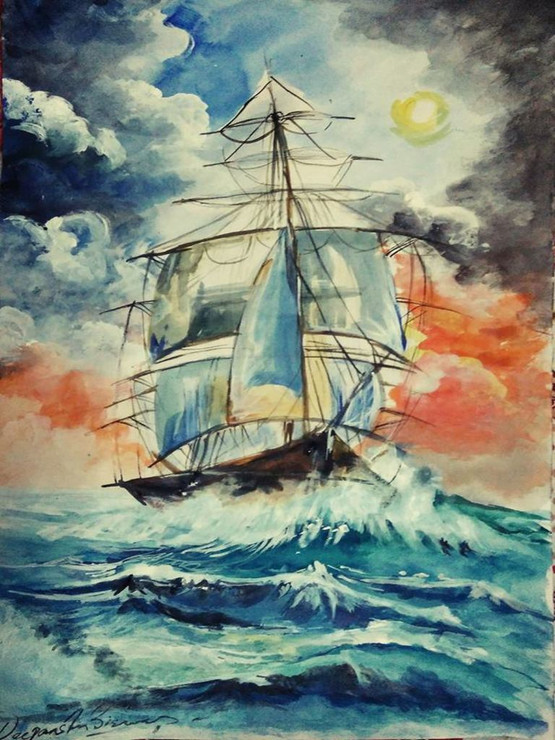 Rising Ship (ART_5038_29450) - Handpainted Art Painting - 14in X 22in