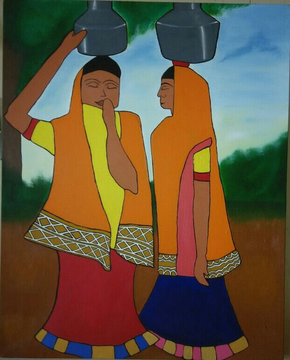 Two village women  (ART_4816_28777) - Handpainted Art Painting - 24in X 30in