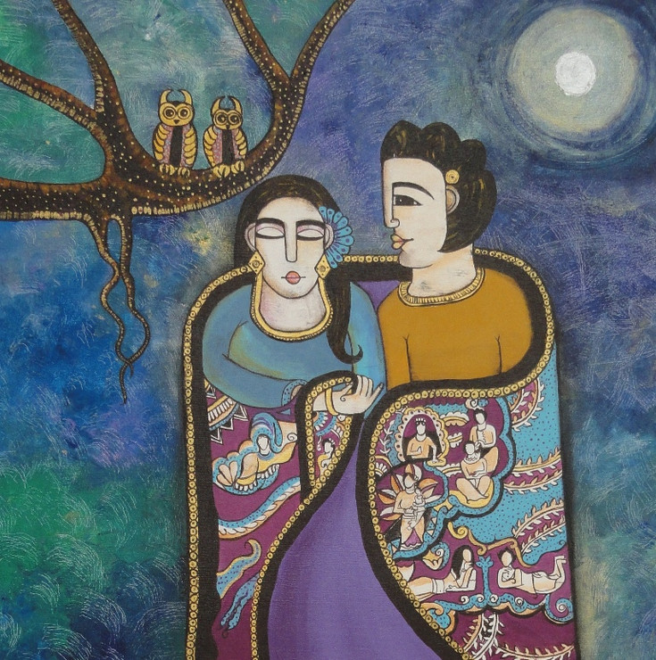 Couple in moon night (ART_5103_29806) - Handpainted Art Painting - 26in X 26in