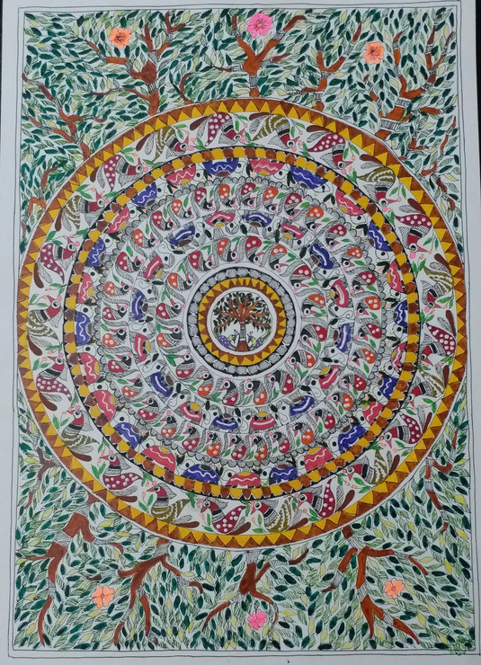 BIRDS ELEPHANT -MOTIFS - MADHUBANI ART (ART_5111_29910) - Handpainted Art Painting - 12in X 16in