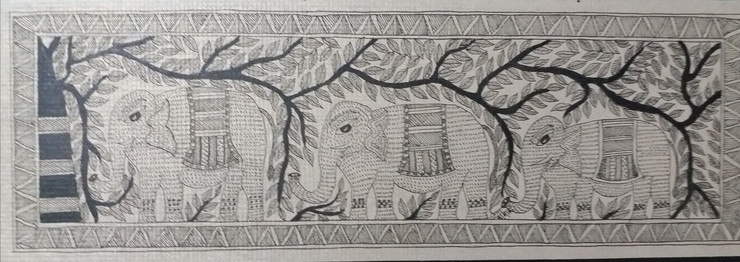 ELEPHANTS IN JUNGLE- MADHUBANI ART (ART_5111_29900) - Handpainted Art Painting - 17in X 7in